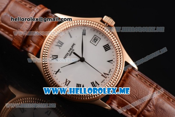 Patek Philippe Calatrava Miyota 9015 Automatic Rose Gold Case with White Dial Brown Leather Strap and Roman Numeral Markers - Click Image to Close